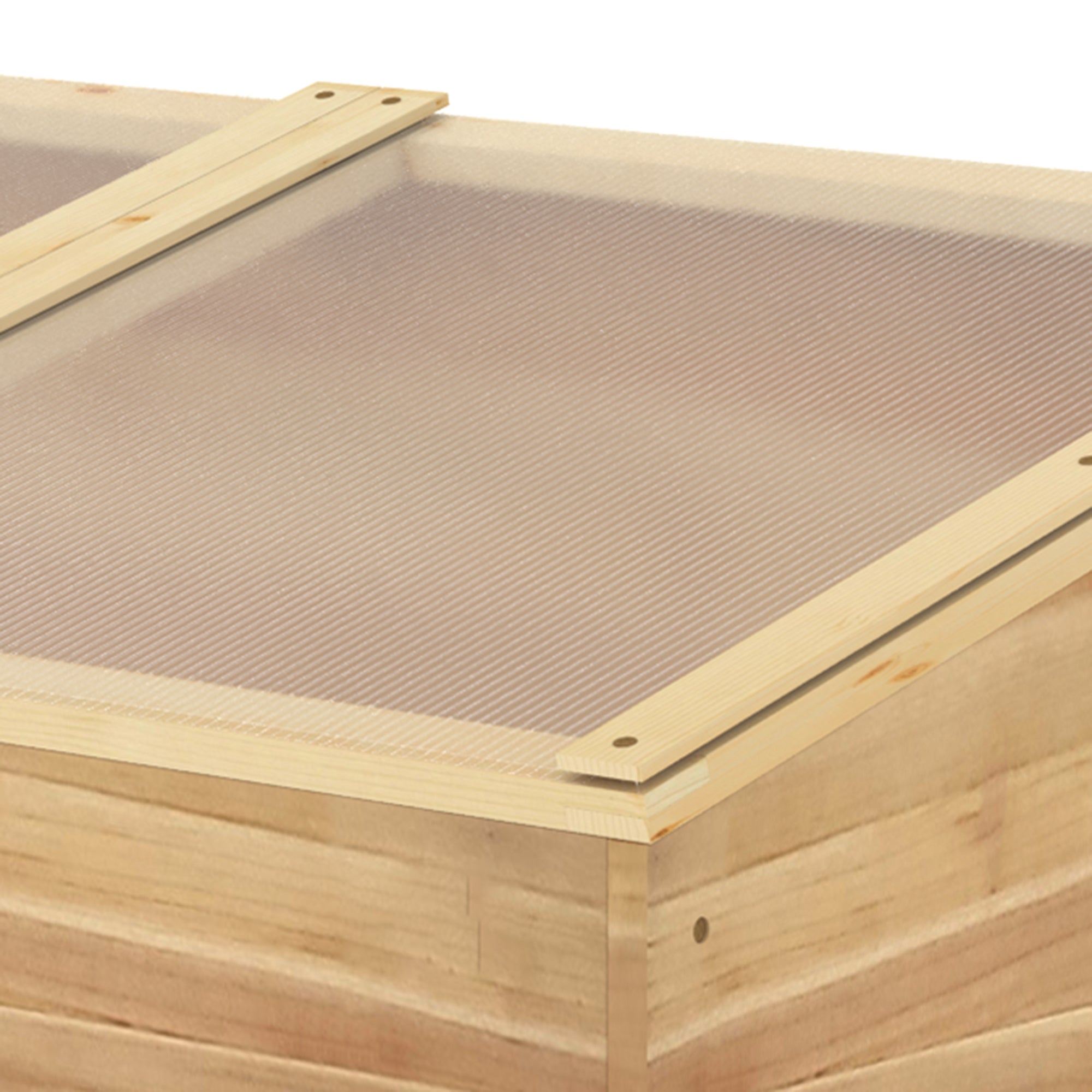 Light-colored wooden cold frame greenhouse with mesh screen lid for flowers vegetables and plants growing