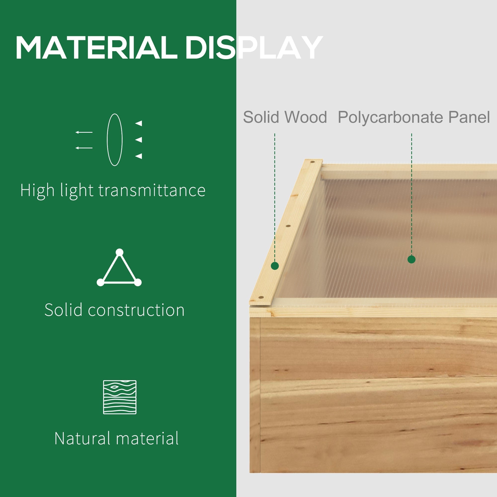 Rectangular wooden cold frame greenhouse with light natural wood finish and clear polycarbonate top panel for plants