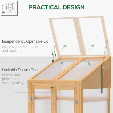 Outsunny wooden cold frame with solid fir wood frame, translucent panels, lockable double doors, and grey finish