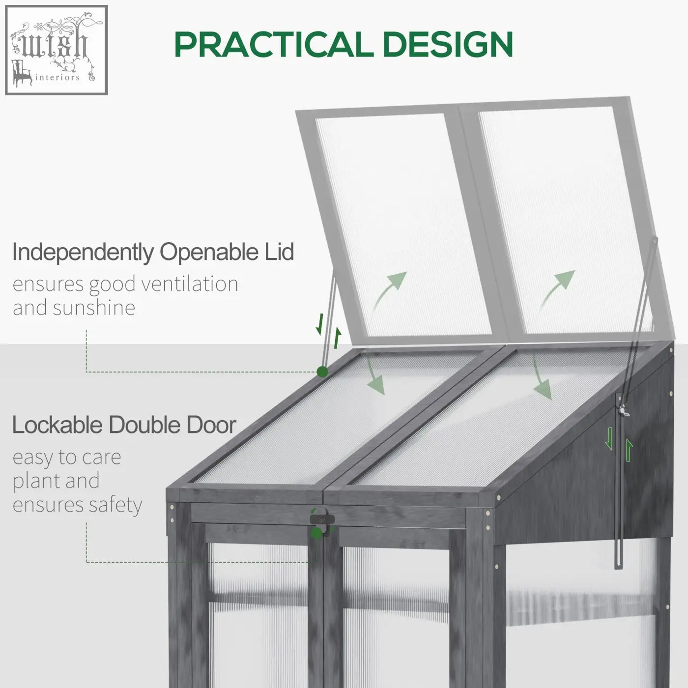 Gray solid fir wood cold frame greenhouse with transparent mesh panels and hinged lid for ventilation and plant growing
