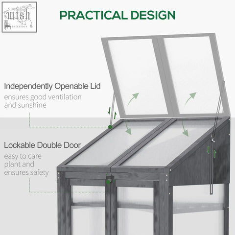 Gray solid fir wood cold frame greenhouse with transparent mesh panels and hinged lid for ventilation and plant growing