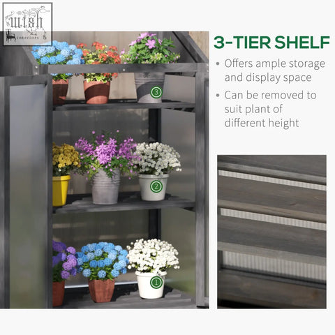Gray metal cold frame greenhouse with fir wood frame and three-tier shelf holding colorful potted plants