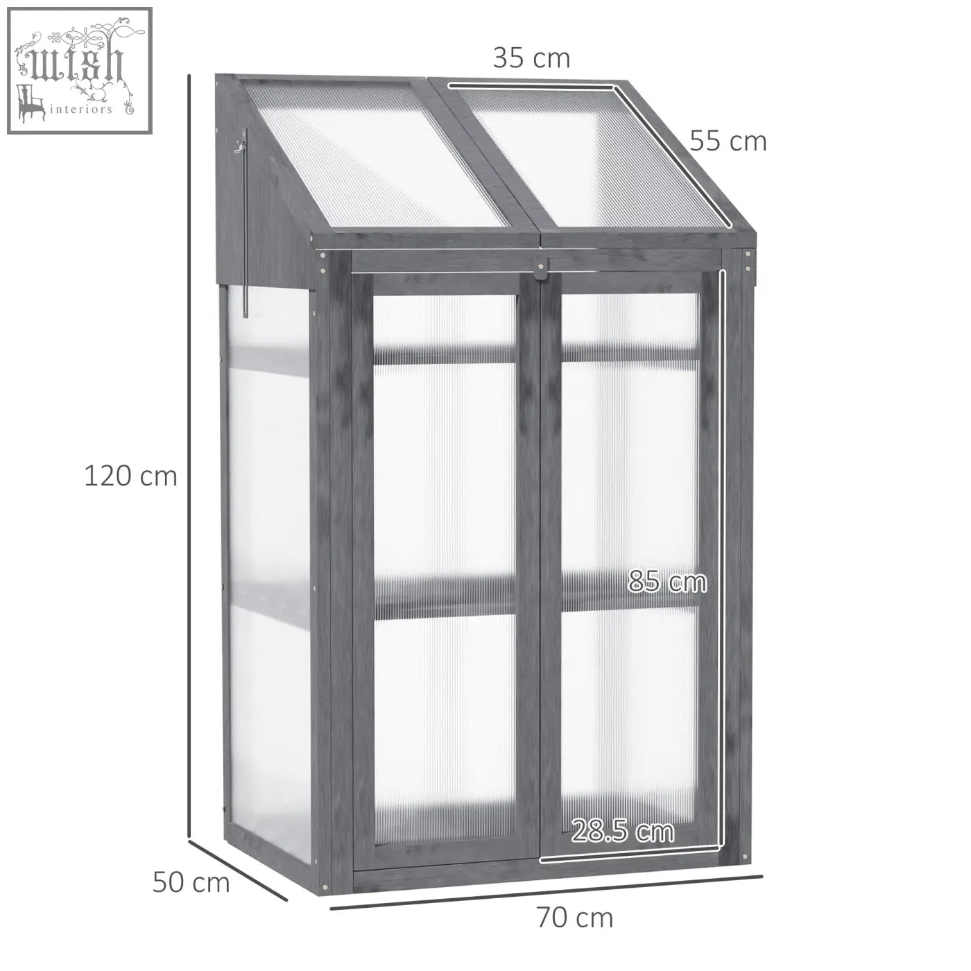 Gray solid fir wood cold frame greenhouse with translucent ribbed glass panels and double door for plants