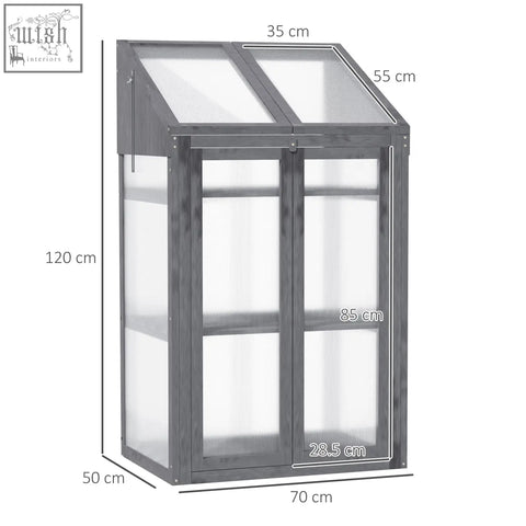 Gray solid fir wood cold frame greenhouse with translucent ribbed glass panels and double door for plants