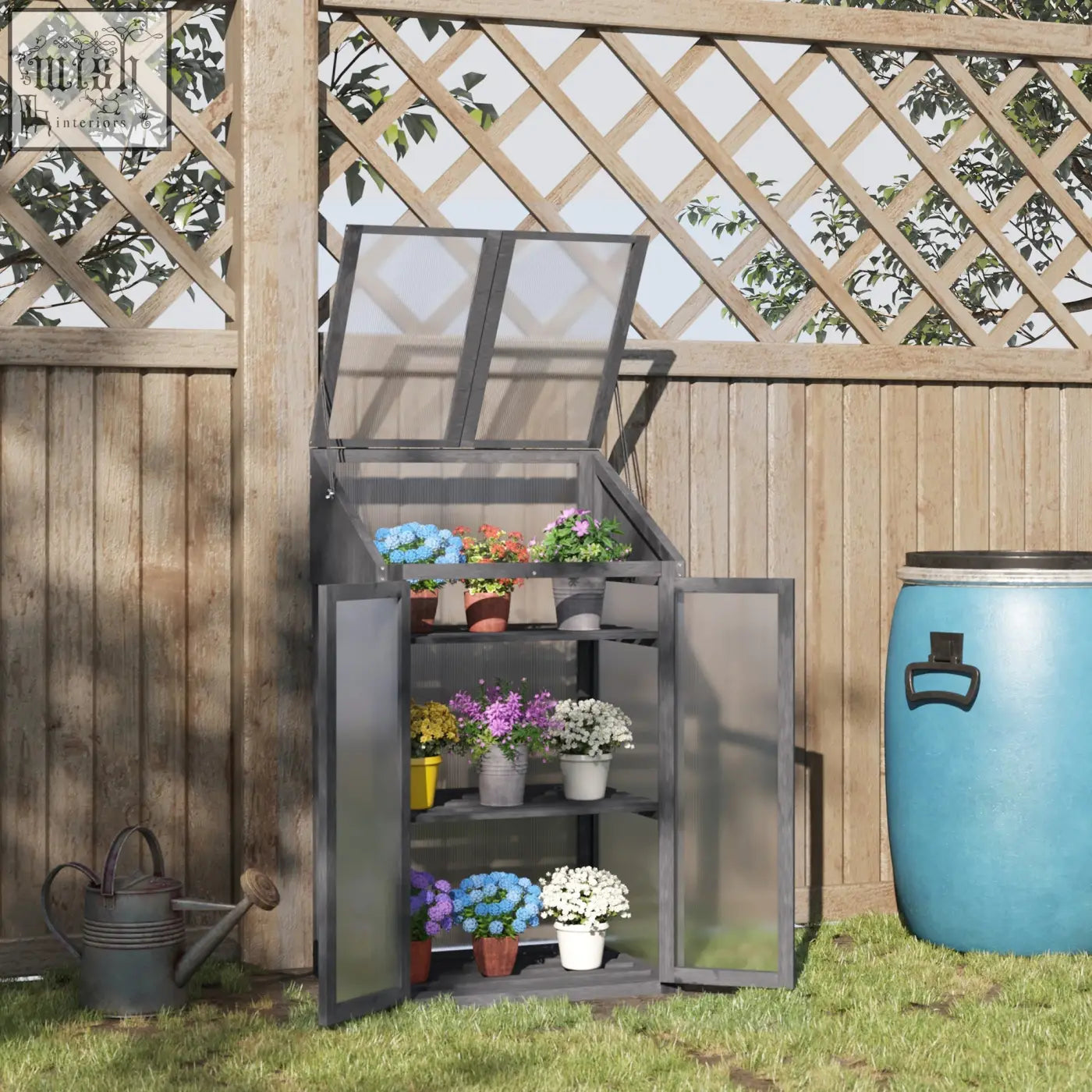 Gray metal cold frame greenhouse with fir wood frame and open doors showing colorful potted plants inside