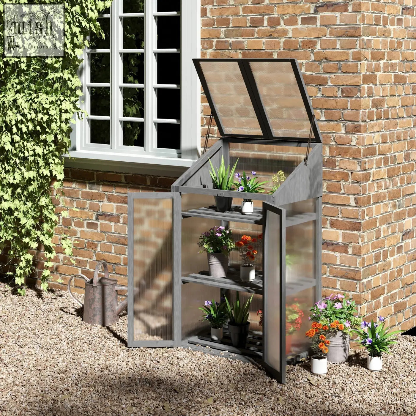Gray plastic cold frame greenhouse with fir wood frame, transparent panels, hinged roof, and adjustable shelves for plants