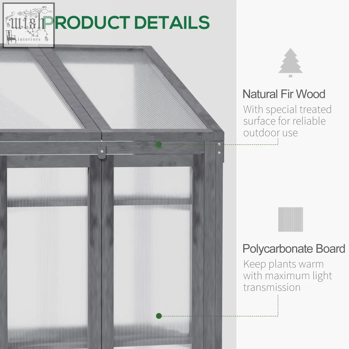 Gray framed cold frame greenhouse with solid fir wood frame and translucent polycarbonate panels for growing plants