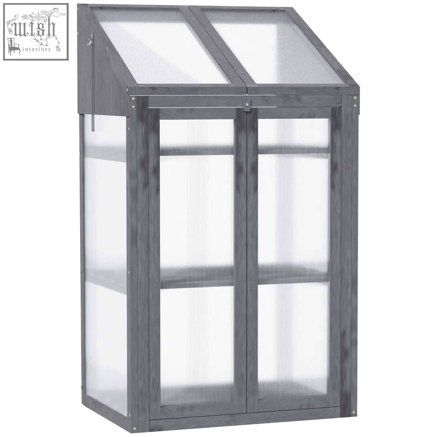 Gray fir wood frame cold frame greenhouse with translucent panels and slanted roof for growing flowers and vegetables