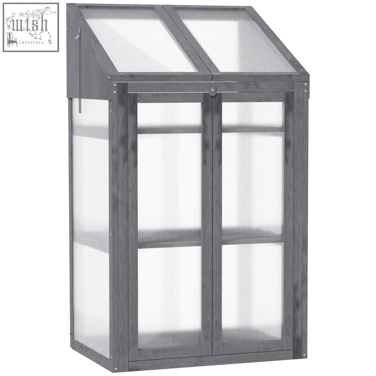 Gray fir wood frame cold frame greenhouse with translucent panels and slanted roof for growing flowers and vegetables