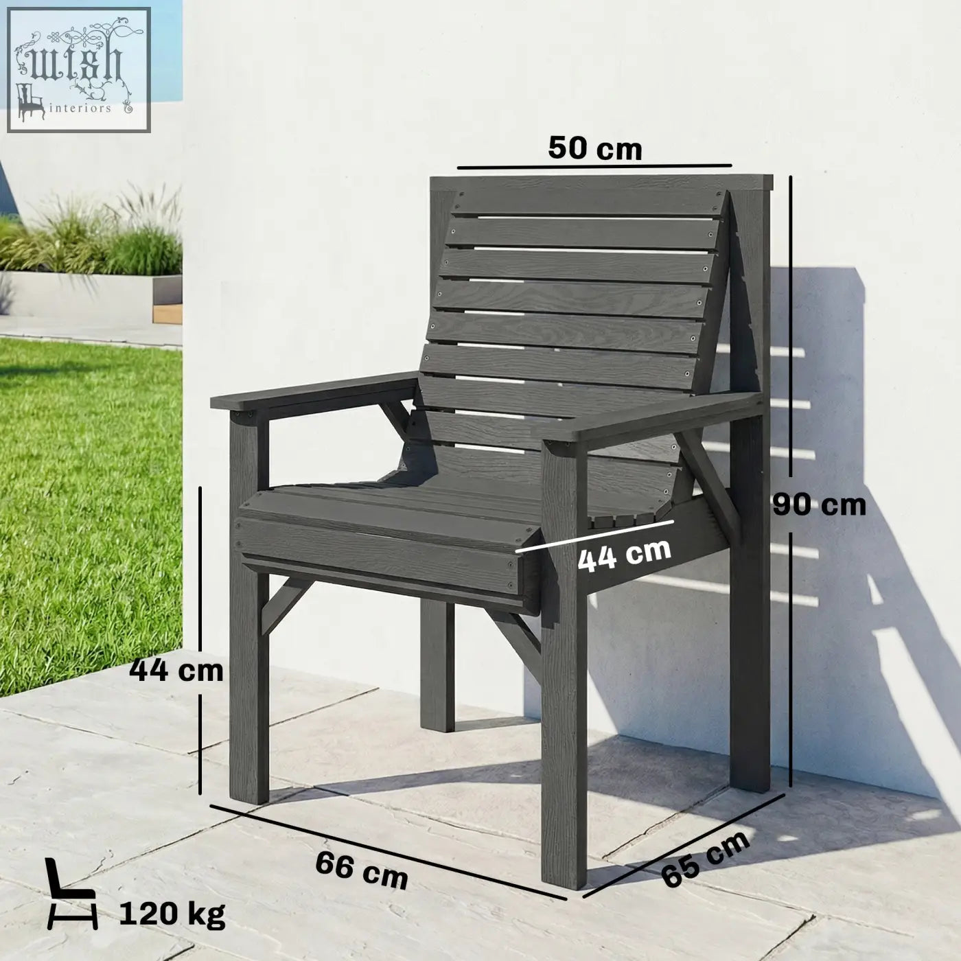 Dark gray garden dining chair with slatted back and seat made from weather-resistant composite with grey embossed finish