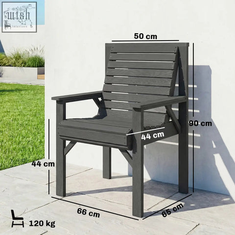 Dark gray garden dining chair with slatted back and seat made from weather-resistant composite with grey embossed finish