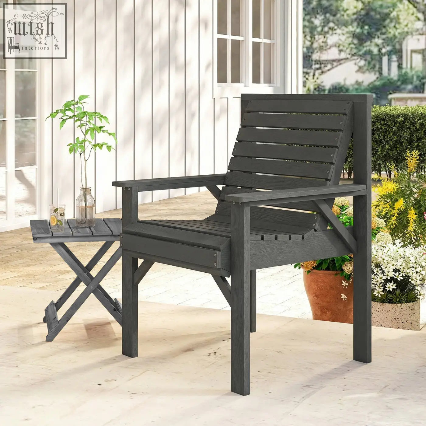 Dark gray outsunny garden dining chair with slatted fir wood style seat and grey embossed finish for outdoor use
