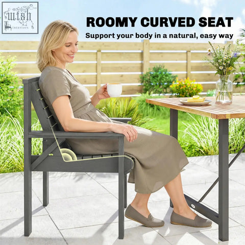 Dark gray metal garden dining chair with roomy curved seat and grey embossed finish perfect for outdoor use