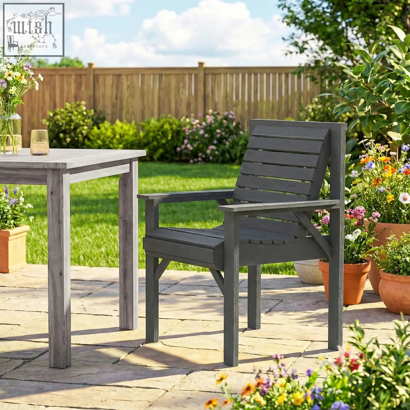 Dark gray slatted garden dining chair with grey embossed finish made of weather-resistant composite fir wood material