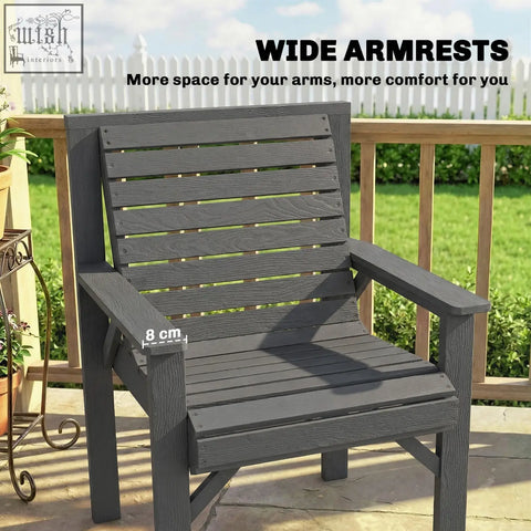 Dark gray outsunny garden dining chair with wide slatted fir wood arms and grey embossed finish for outdoor use
