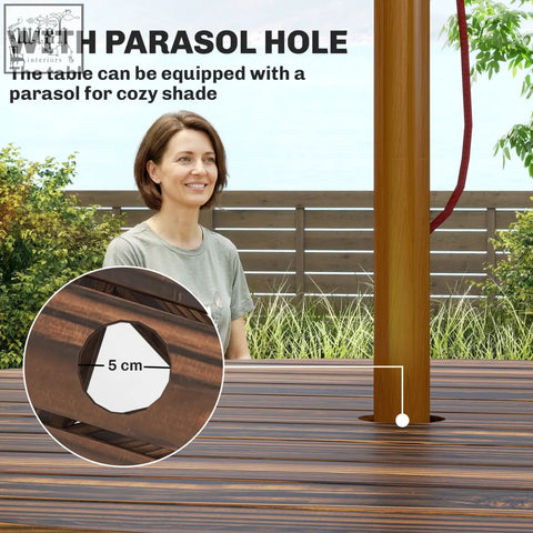 Brown fir wood dining set with parasol hole for easy umbrella attachment perfect for outdoor patio parties
