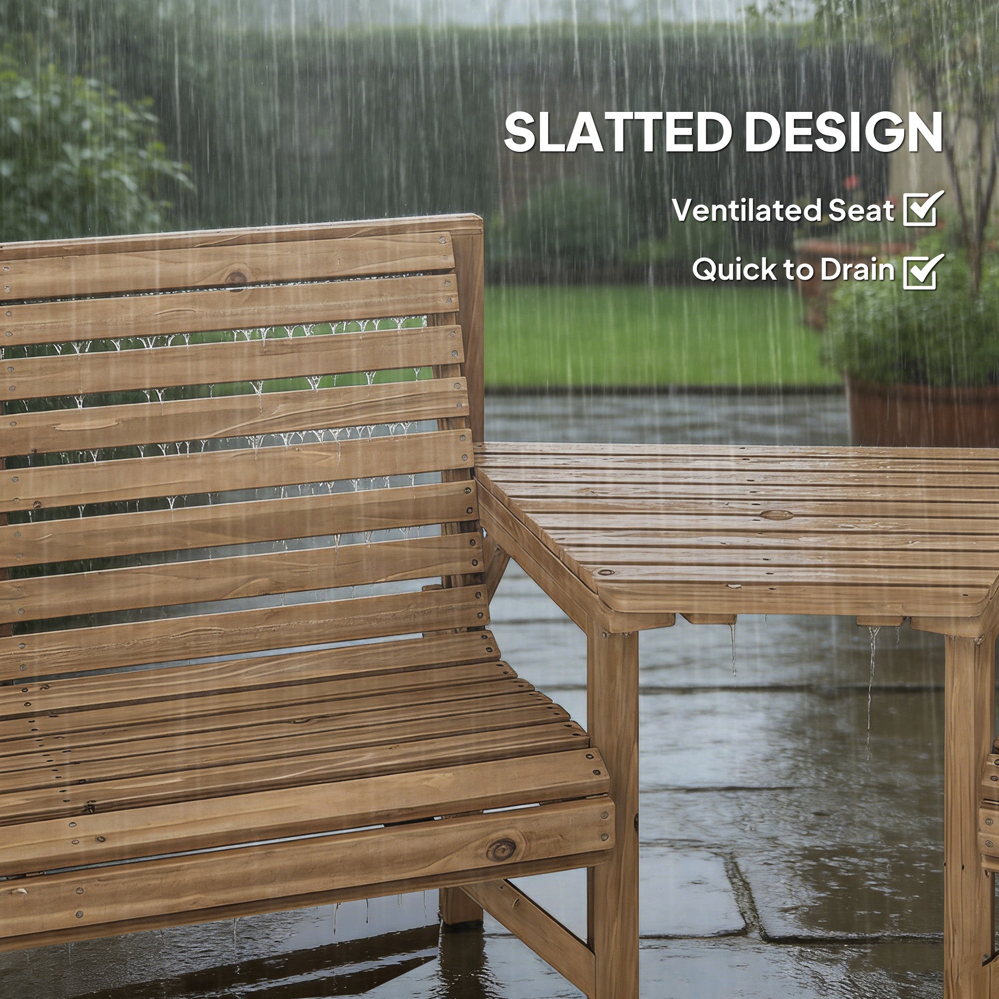 Outsunny wooden garden furniture set with a natural brown finish featuring a tray table and slatted bench