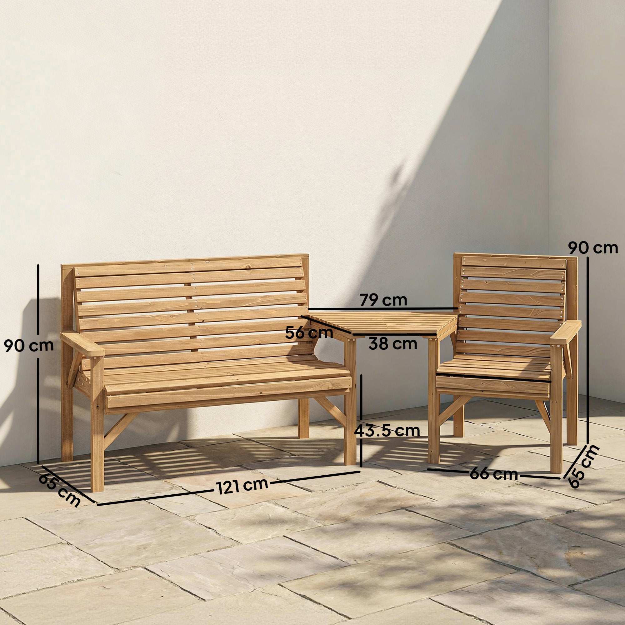 Outsunny wooden garden furniture set with light brown bench armchair and tray table in natural wood finish