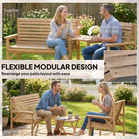 Outsunny light brown wooden garden furniture set with 1 chair, 1 bench, and detachable tray table feature