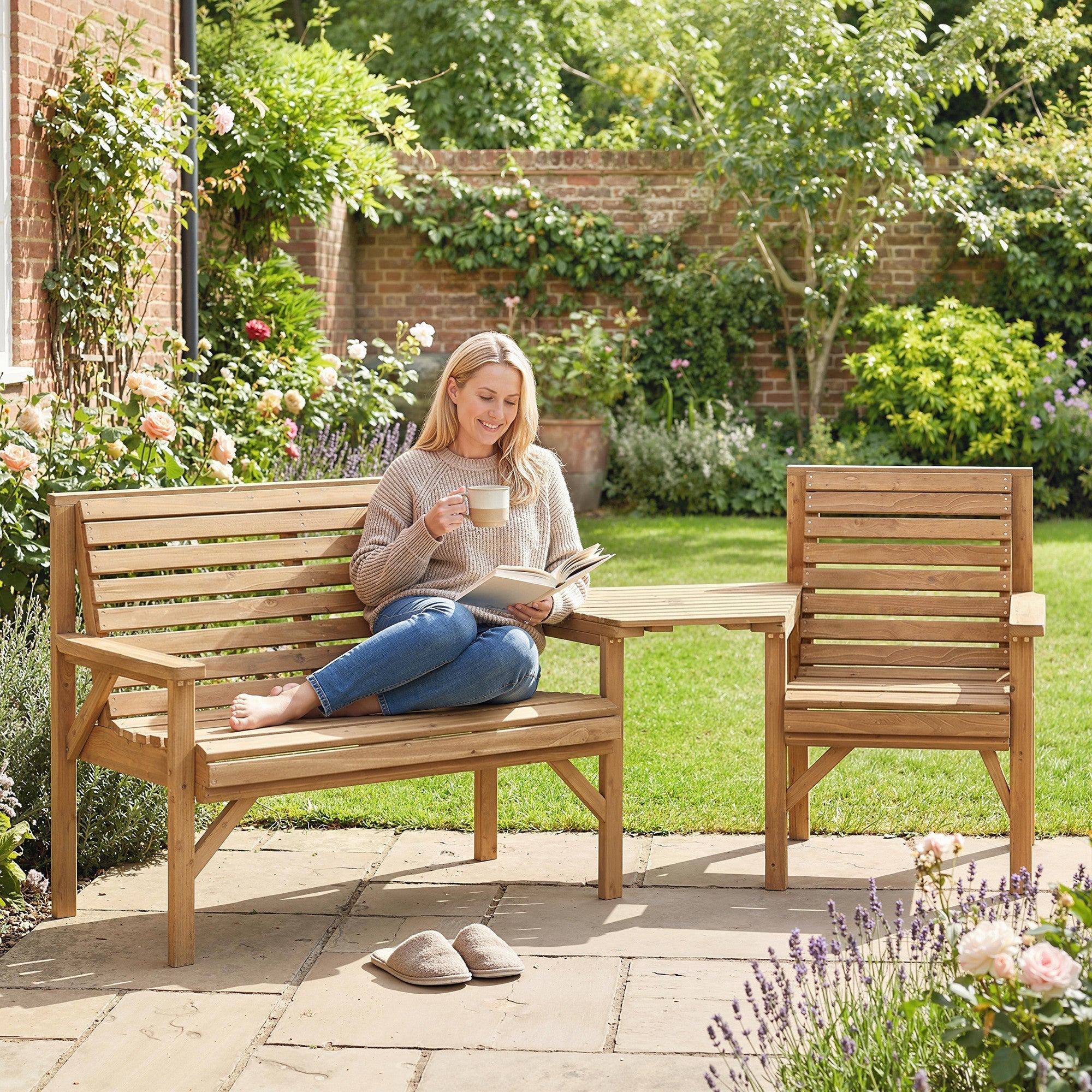 Outsunny light brown wooden garden furniture set with 1 bench, 1 chair, and detachable tray table in natural wood finish