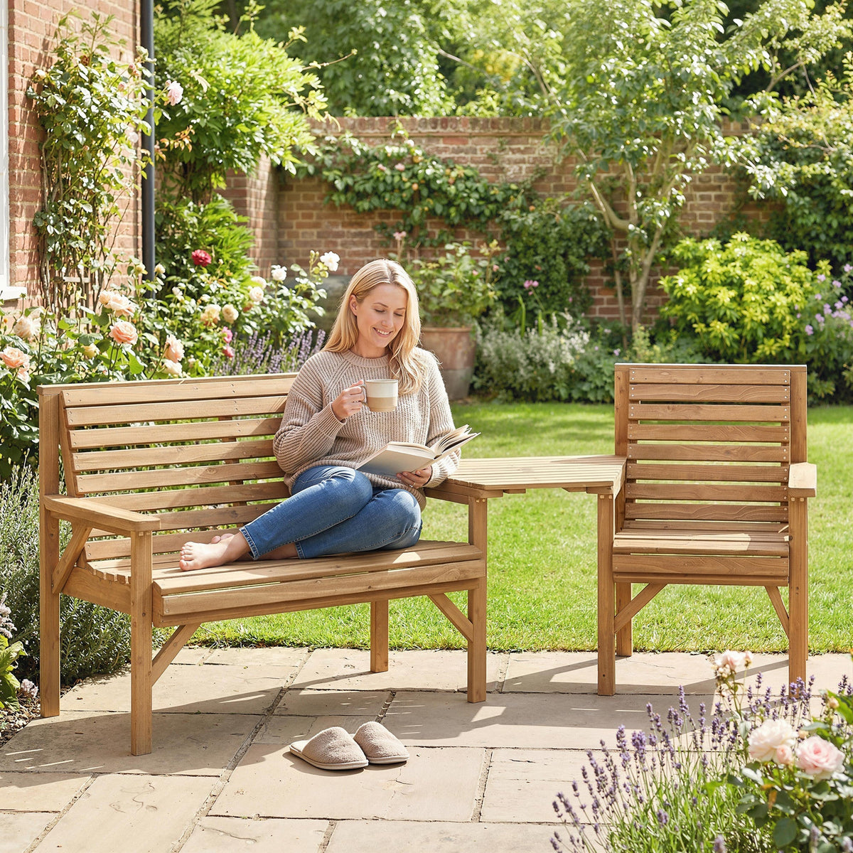 Outsunny light brown wooden garden furniture set with 1 bench, 1 chair, and detachable tray table in natural wood finish