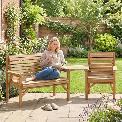 Outsunny light brown wooden garden furniture set with 1 bench, 1 chair, and detachable tray table in natural wood finish