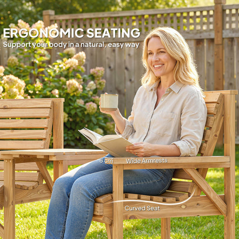 Light brown wooden outdoor bench with curved seat and wide armrests in outsunny garden furniture set with tray table