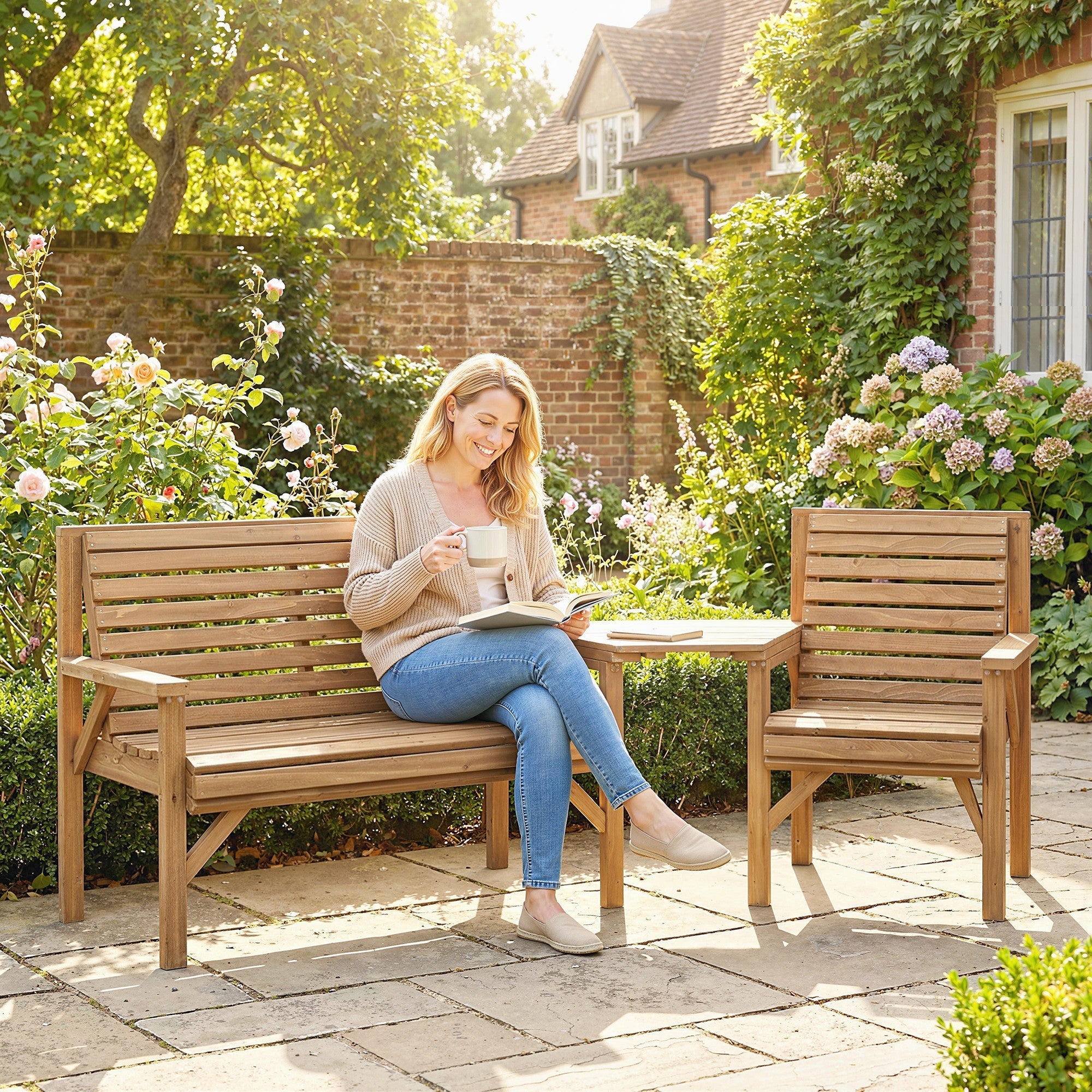Light brown wooden garden furniture set with slatted bench, chair, and detachable tray table in natural wood finish