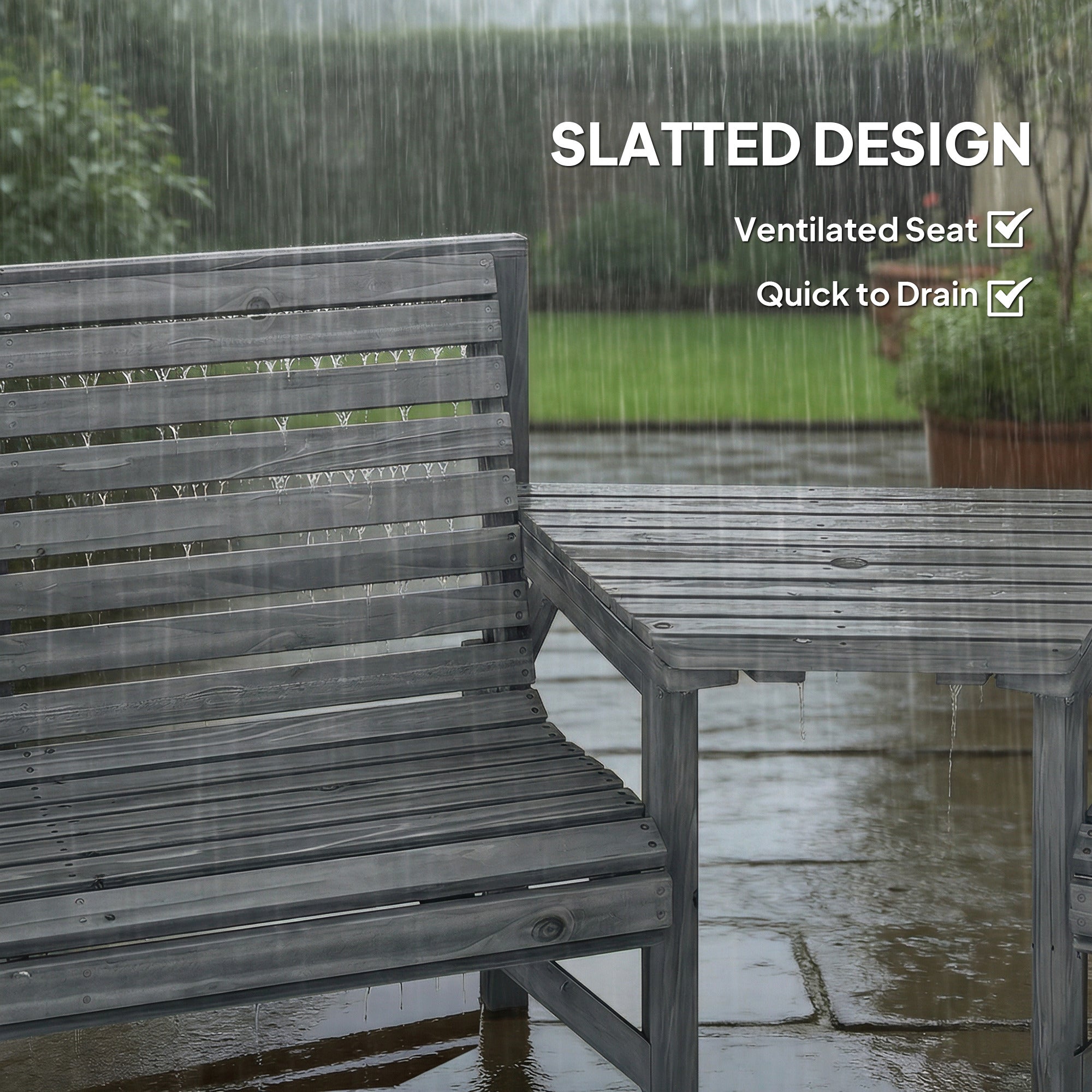 Gray wooden garden furniture set bench with ventilated slatted seat and tray table in embossed finish