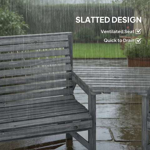Gray wooden garden furniture set bench with ventilated slatted seat and tray table in embossed finish