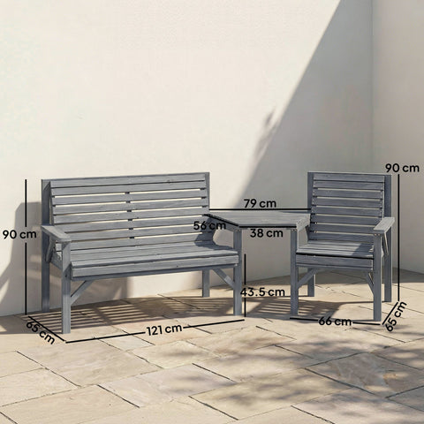 Outsunny gray wooden garden furniture set with slatted design tray table bench and armchair with parasol hole