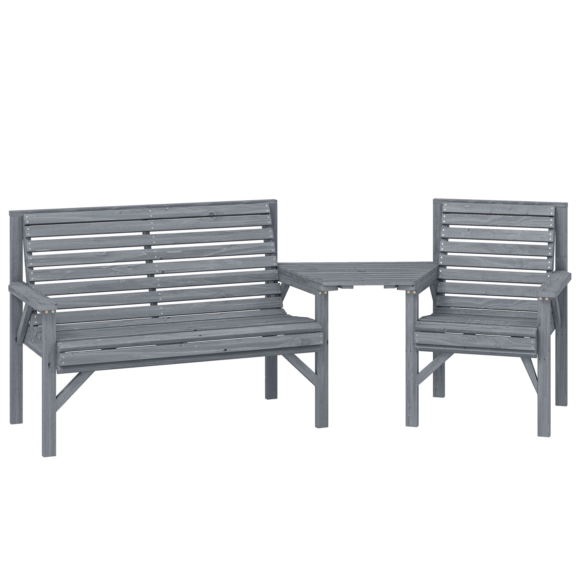 Gray wooden garden furniture set with tray table featuring bench and chair with slatted backs and parasol hole