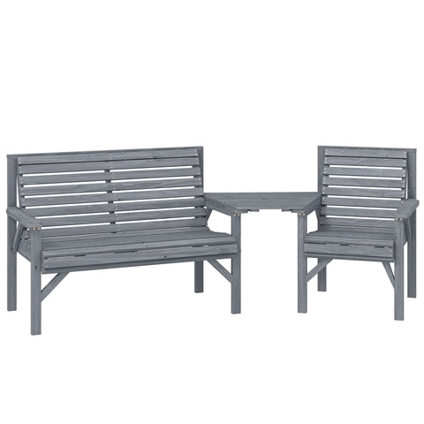 Gray wooden garden furniture set with tray table featuring bench and chair with slatted backs and parasol hole