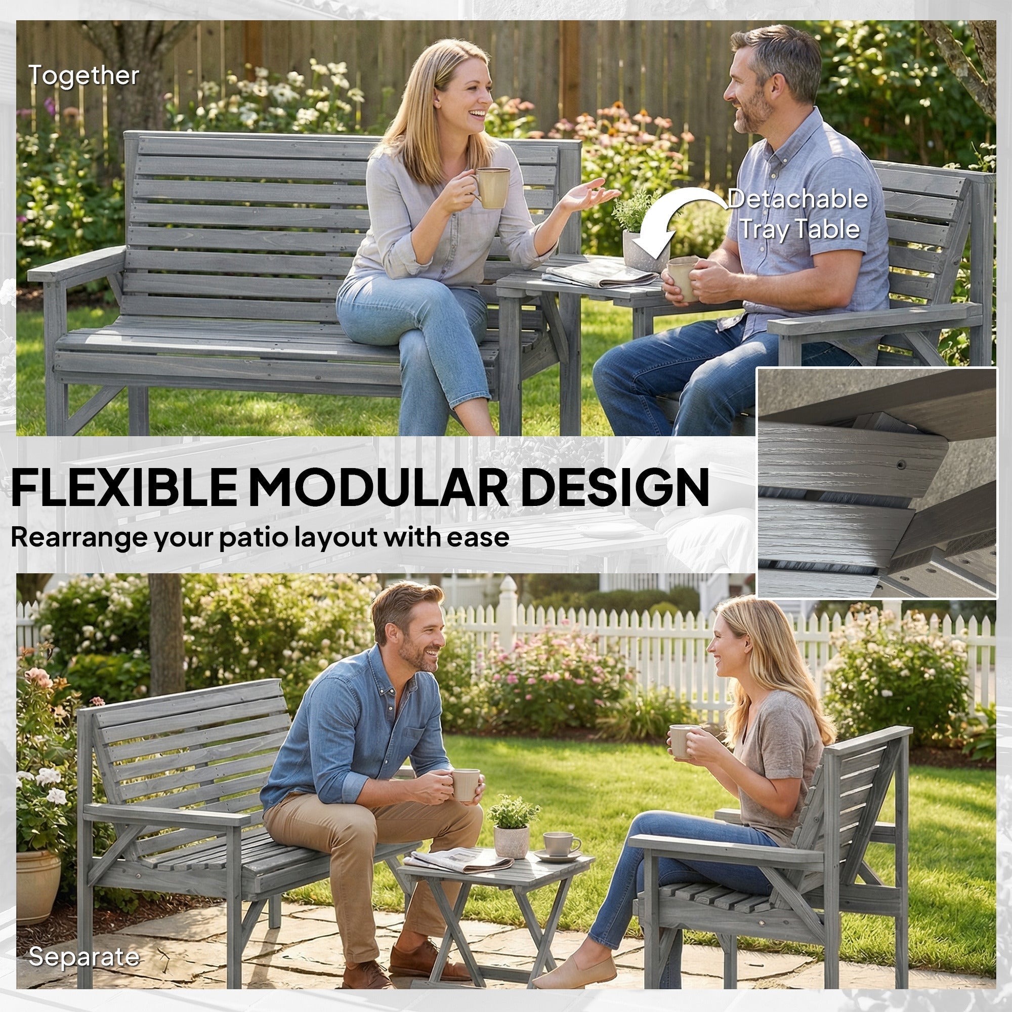 Gray wooden modular garden furniture set with detachable tray table and parasol hole by outsunny