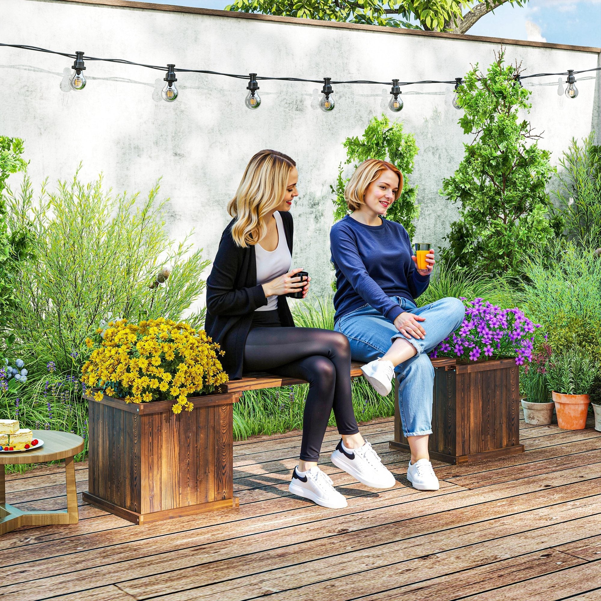 Wooden planter bench with carbonised finish featuring built-in planters and yellow flowers for excess water drainage