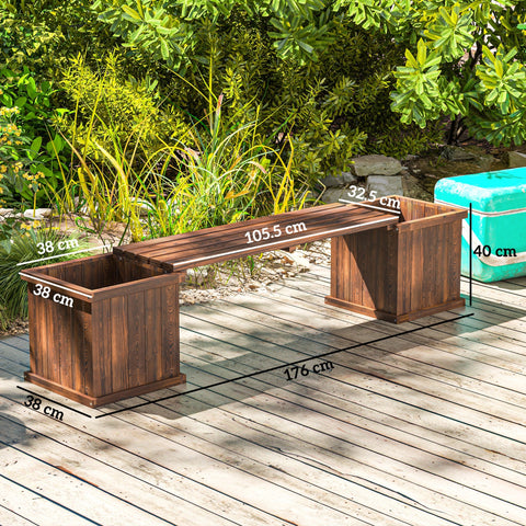 Brown wooden Outsunny planter bench with carbonised finish and integrated planters to manage excess water