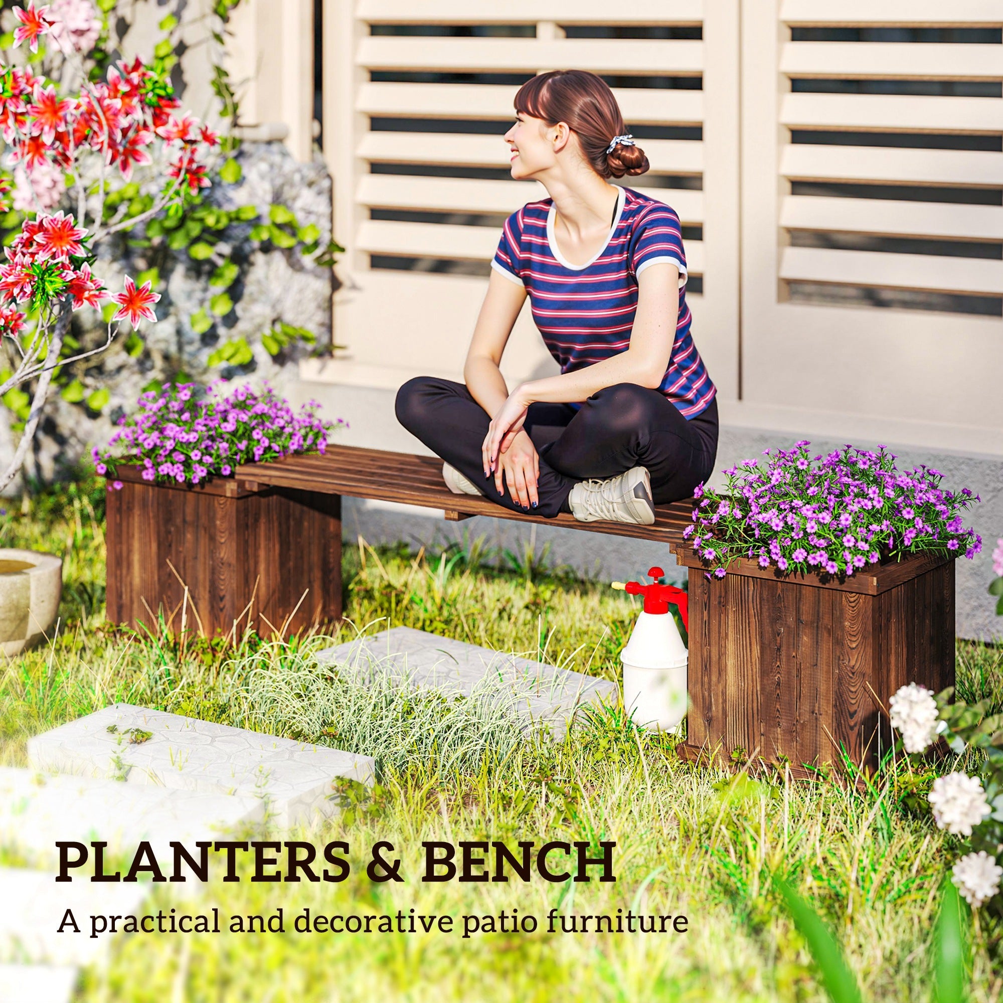 Dark brown wooden planter bench with carbonised finish and integrated planters featuring purple flowers for excess water drainage