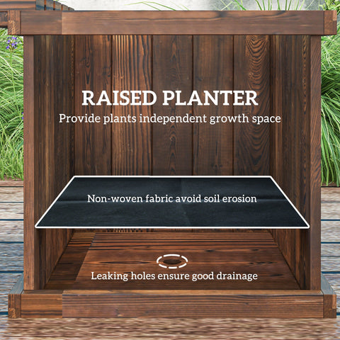 Dark brown wooden outsunny planter bench with carbonised finish and fabric liner for excess water drainage holes