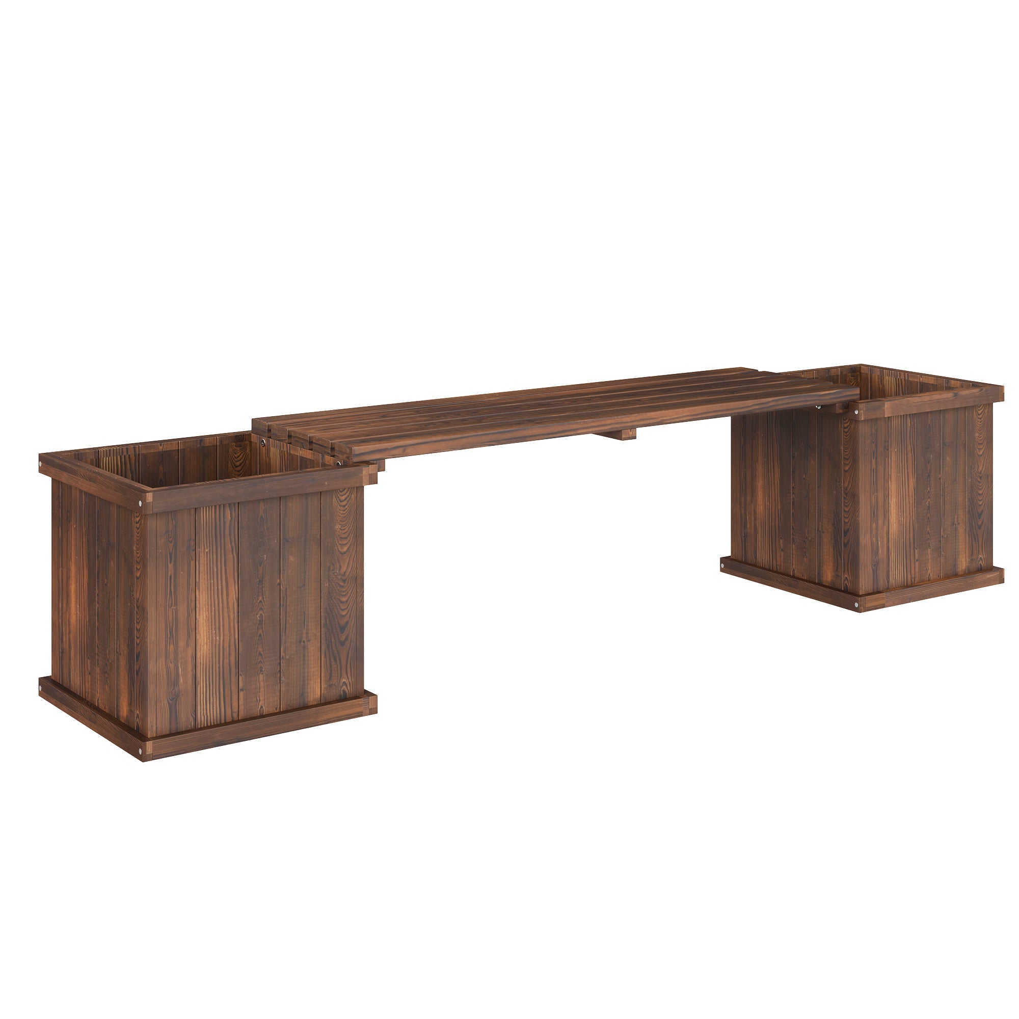 Dark brown carbonised finish wooden planter bench with excess water drainage integrated for garden or patio use