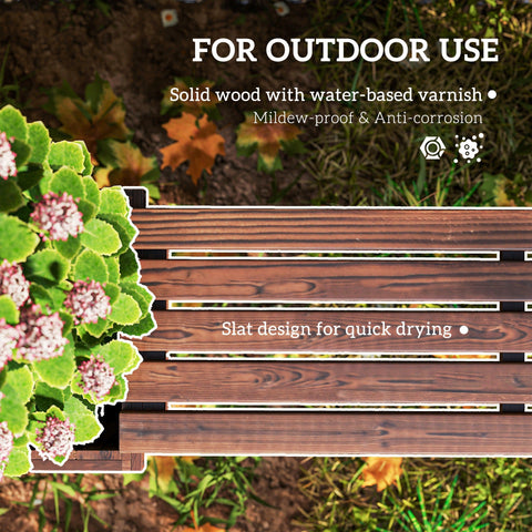 Brown wooden outdoor deck planks with water-based varnish on outsunny planter bench with carbonised finish for excess water
