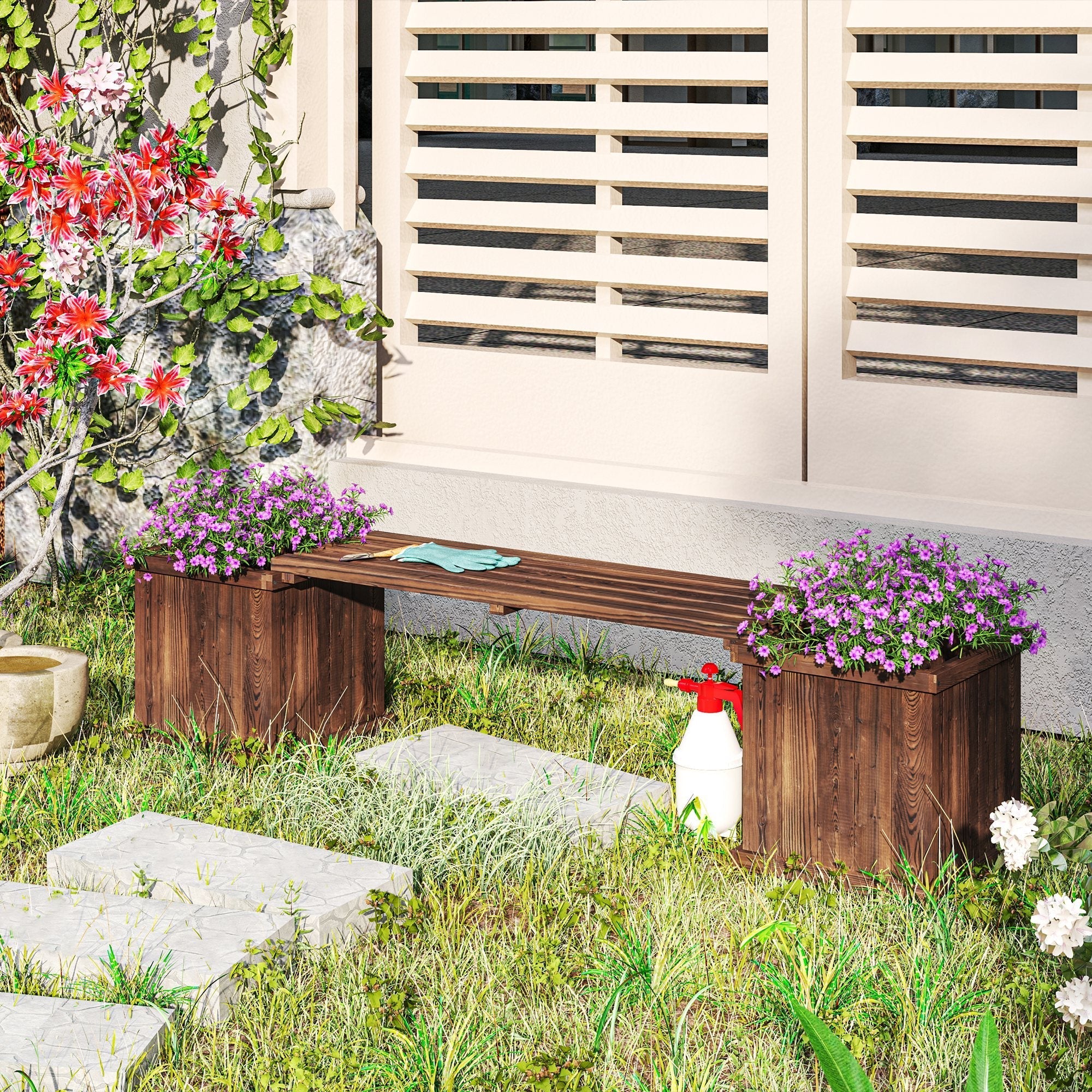 Dark brown wooden planter bench with carbonised finish and purple flowers designed to prevent excess water buildup