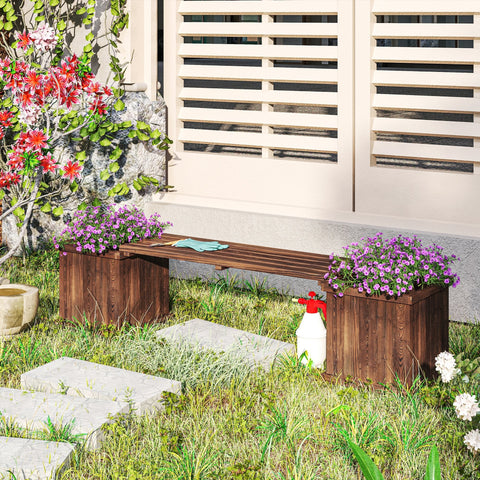 Dark brown wooden planter bench with carbonised finish and purple flowers designed to prevent excess water buildup