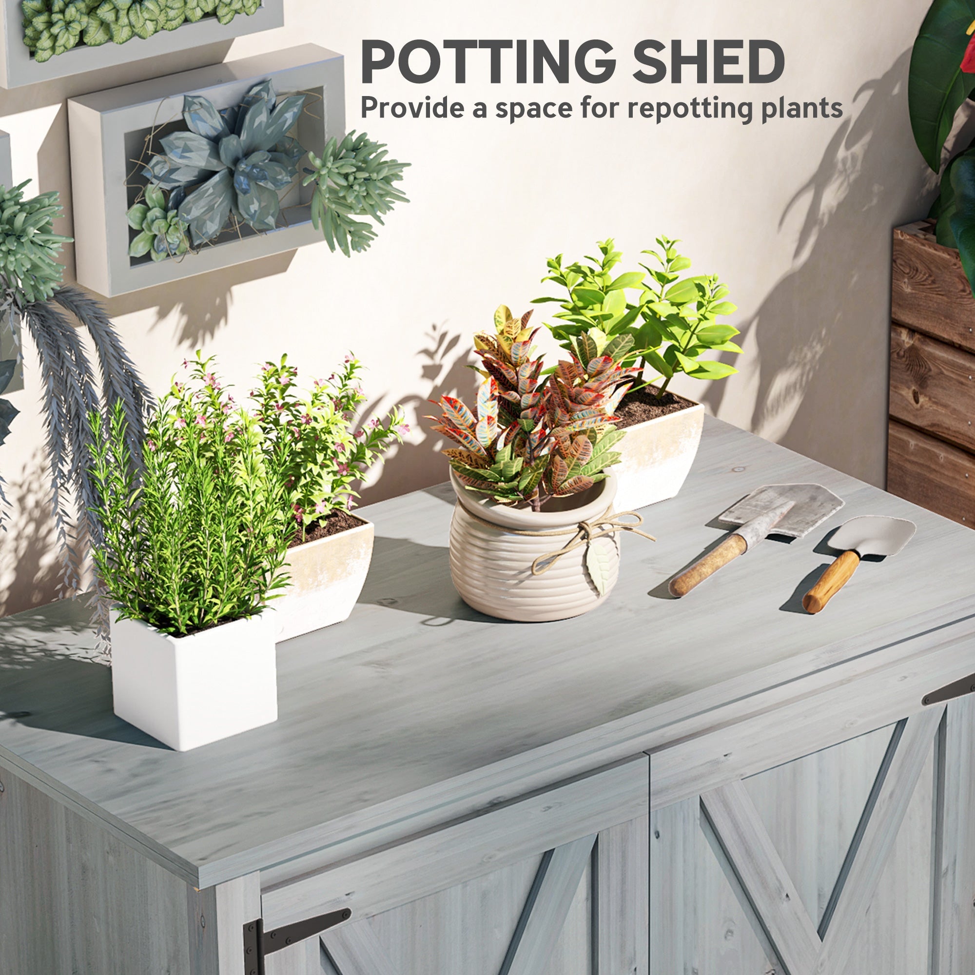White ceramic pot with ribbed texture and twine accent in front of light grey outsunny wooden garden shed with barn doors and built-in shelf