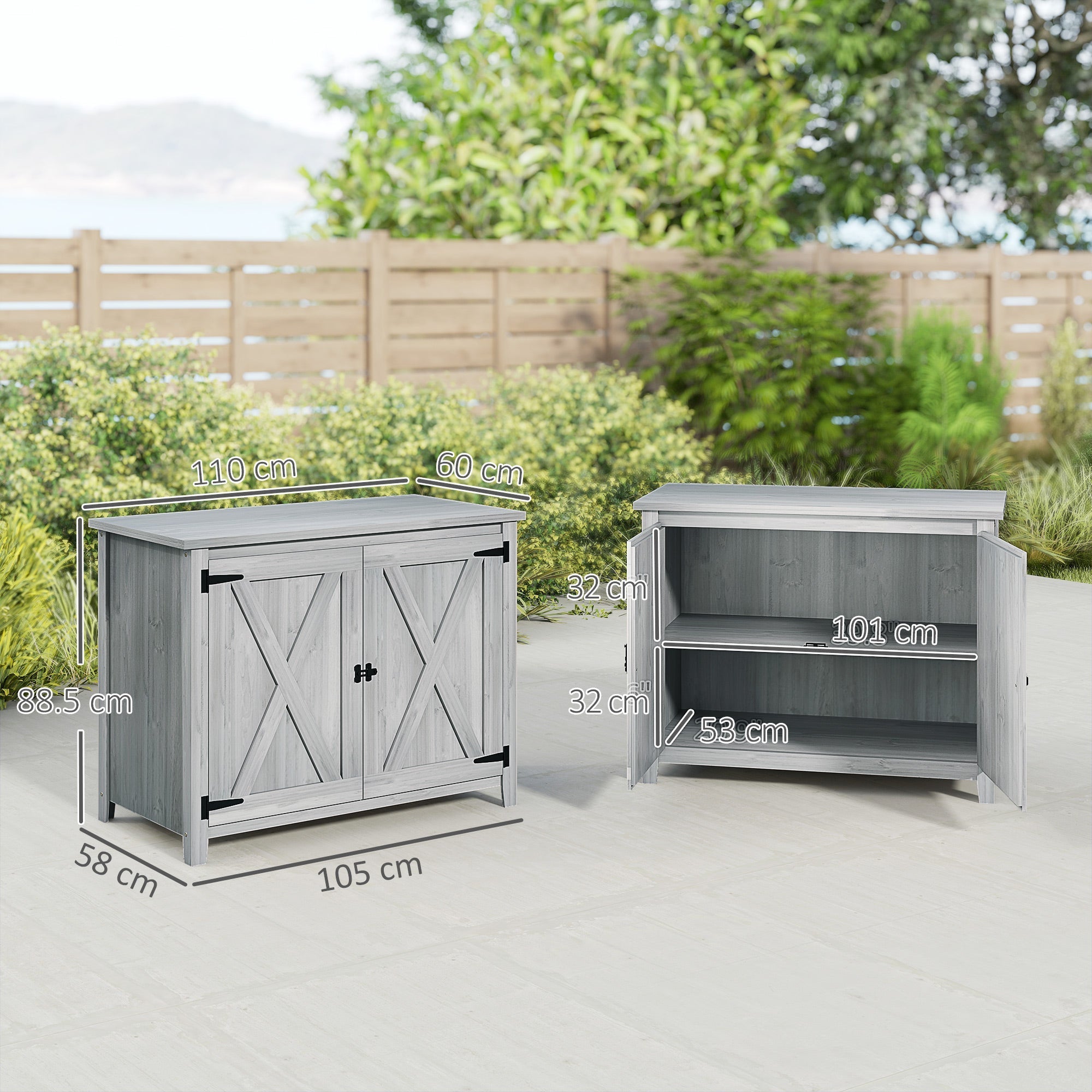 Gray weathered wood garden shed with x-brace barn doors and built-in shelf by outsunny in light grey fir wood