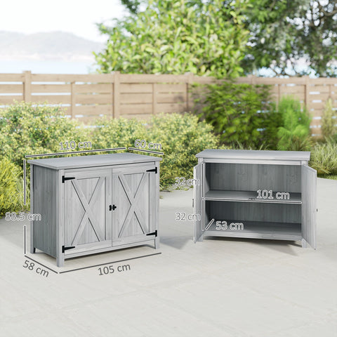 Gray weathered wood garden shed with x-brace barn doors and built-in shelf by outsunny in light grey fir wood