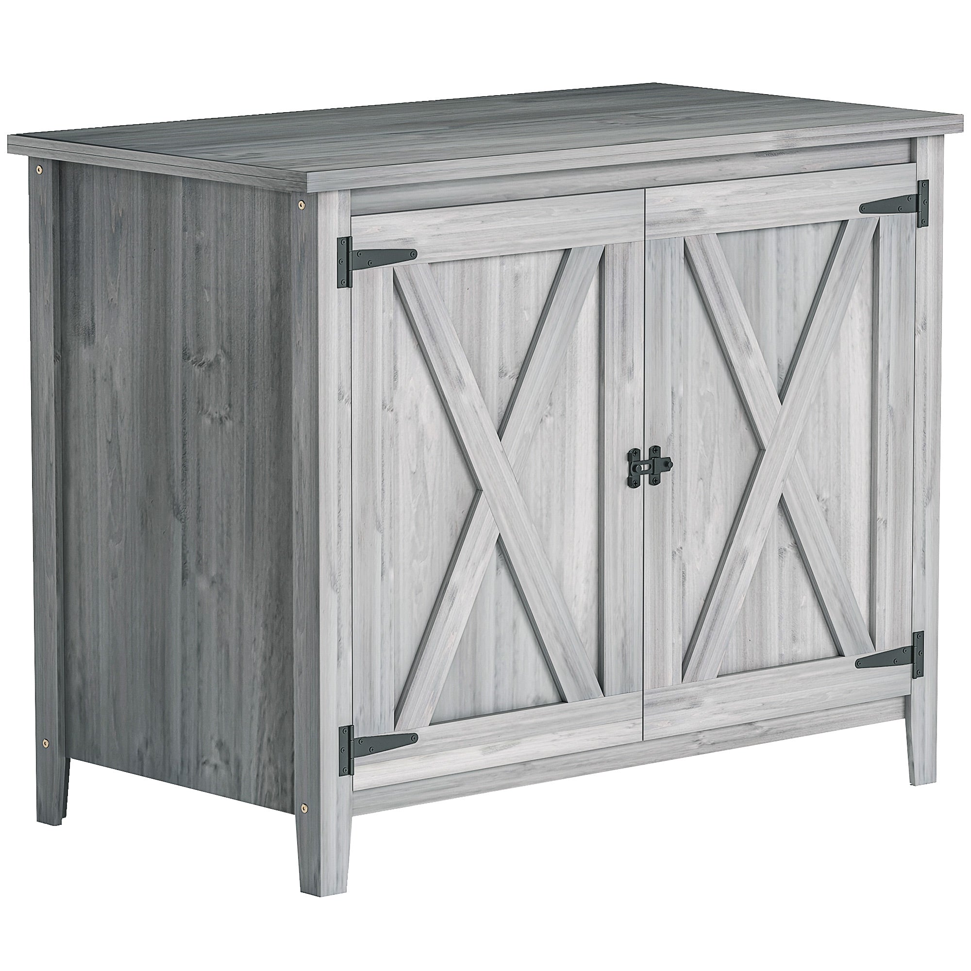 Gray farmhouse garden shed with x-braced barn doors, black metal hardware, built-in shelf, and fir wood construction
