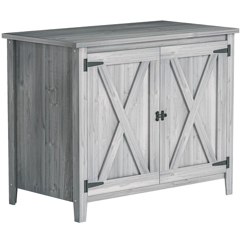 Gray farmhouse garden shed with x-braced barn doors, black metal hardware, built-in shelf, and fir wood construction