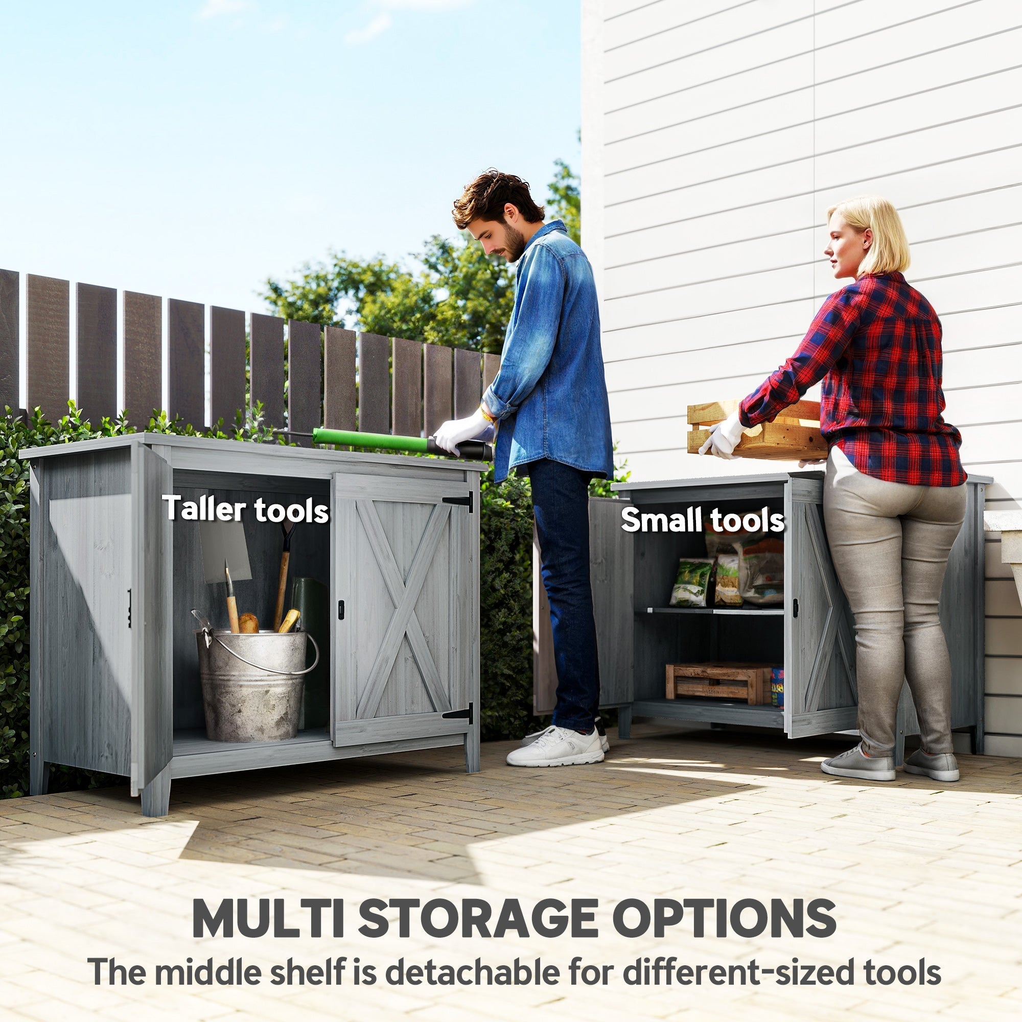 Gray weathered wood garden shed with x-shaped barn doors and built-in detachable shelf for outdoor storage