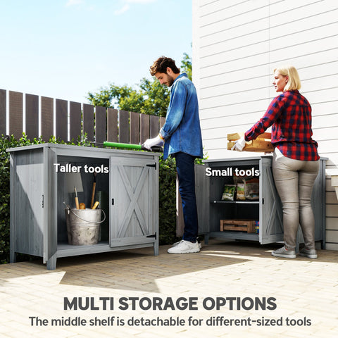 Gray weathered wood garden shed with x-shaped barn doors and built-in detachable shelf for outdoor storage