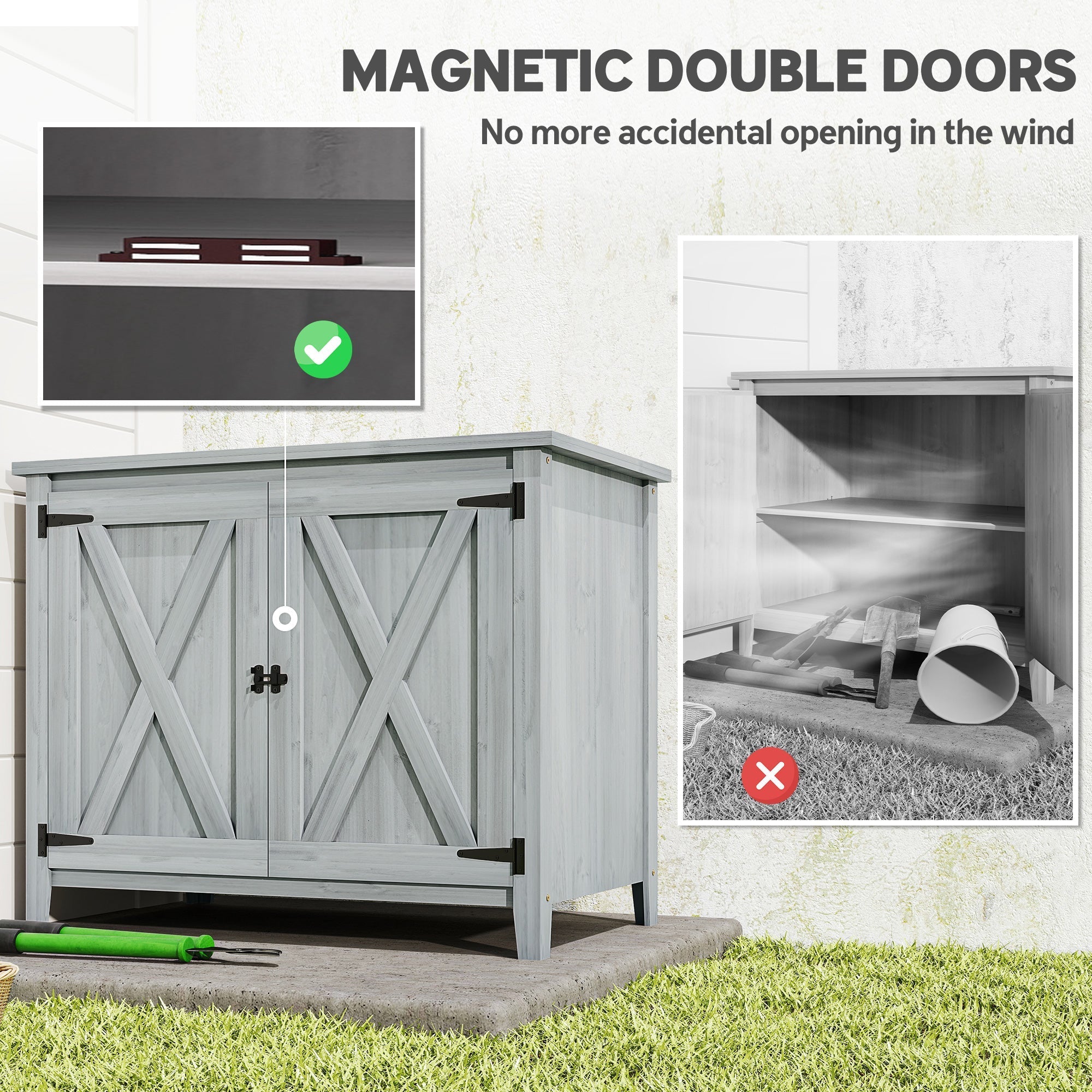 Gray wooden garden shed with barn doors, built-in shelf, and black magnetic hardware for outdoor storage